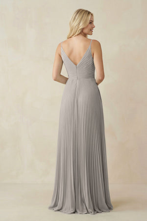 Pleated V - Neck A - Line Chiffon Bridesmaid Dress in Silver - KISS BRIDAL Bridesmaid Dresses