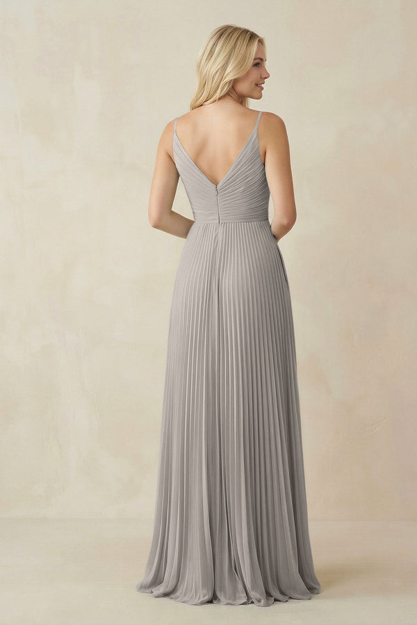 Pleated V - Neck A - Line Chiffon Bridesmaid Dress in Silver - KISS BRIDAL Bridesmaid Dresses