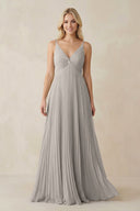 Pleated V - Neck A - Line Chiffon Bridesmaid Dress in Silver - KISS BRIDAL Bridesmaid Dresses