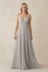 Pleated V - Neck A - Line Chiffon Bridesmaid Dress in Silver - KISS BRIDAL Bridesmaid Dresses