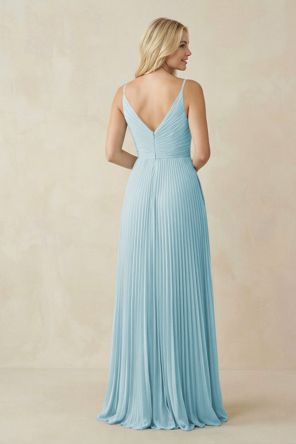 Pleated V - Neck A - Line Chiffon Bridesmaid Dress in Sky Blue - KISS BRIDAL Bridesmaid Dresses