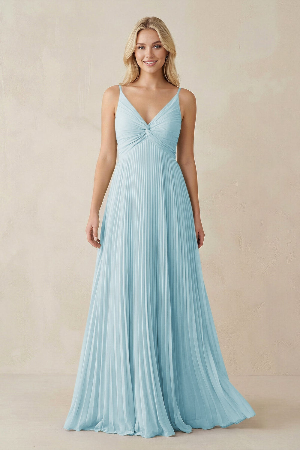 Pleated V - Neck A - Line Chiffon Bridesmaid Dress in Sky Blue - KISS BRIDAL Bridesmaid Dresses
