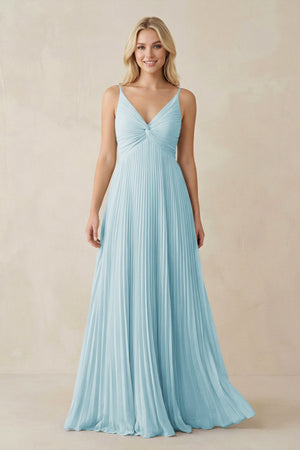 Pleated V - Neck A - Line Chiffon Bridesmaid Dress in Sky Blue - KISS BRIDAL Bridesmaid Dresses