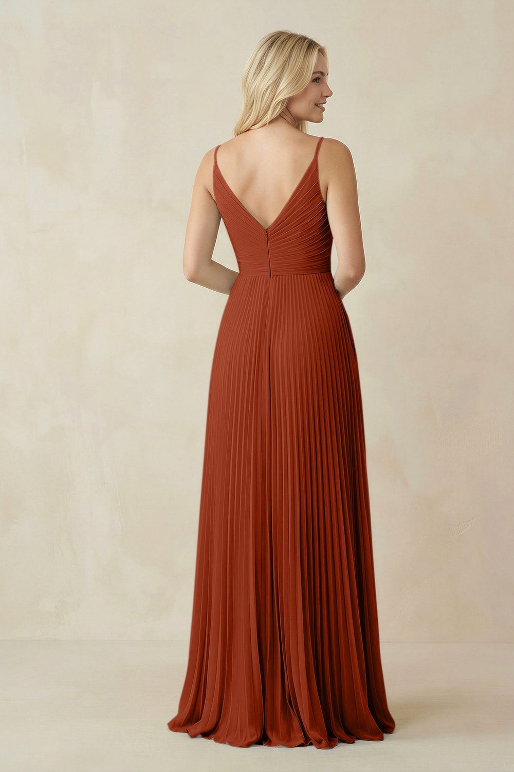 Pleated V - Neck A - Line Chiffon Bridesmaid Dress in Spice - KISS BRIDAL Bridesmaid Dresses