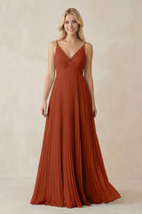 Pleated V - Neck A - Line Chiffon Bridesmaid Dress in Spice - KISS BRIDAL Bridesmaid Dresses