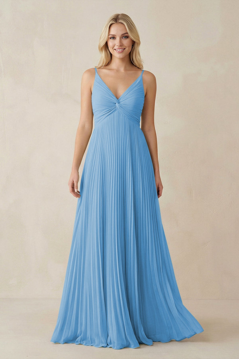 Pleated V - Neck A - Line Chiffon Bridesmaid Dress in Steel Blue - KISS BRIDAL Bridesmaid Dresses