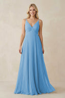 Pleated V - Neck A - Line Chiffon Bridesmaid Dress in Steel Blue - KISS BRIDAL Bridesmaid Dresses