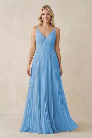 Pleated V - Neck A - Line Chiffon Bridesmaid Dress in Steel Blue - KISS BRIDAL Bridesmaid Dresses