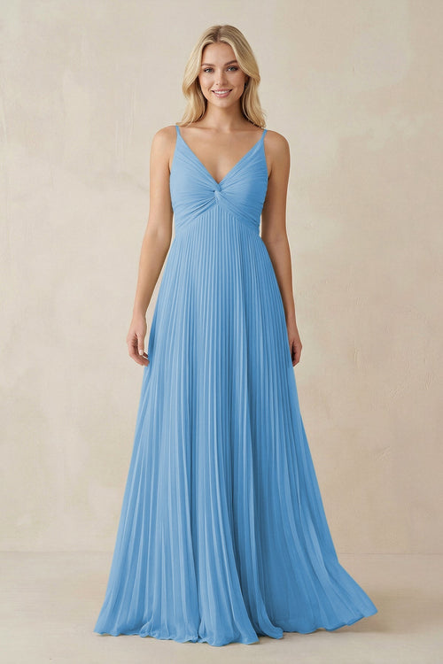 Pleated V - Neck A - Line Chiffon Bridesmaid Dress in Steel Blue - KISS BRIDAL Bridesmaid Dresses