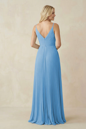 Pleated V - Neck A - Line Chiffon Bridesmaid Dress in Steel Blue - KISS BRIDAL Bridesmaid Dresses