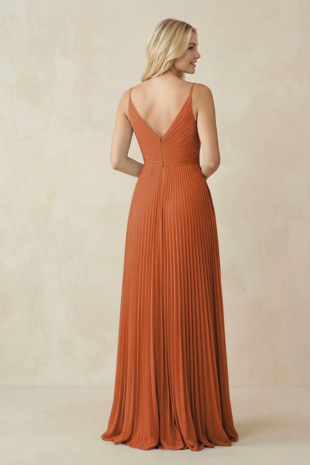 Pleated V - Neck A - Line Chiffon Bridesmaid Dress in Terracotta - KISS BRIDAL Bridesmaid Dresses
