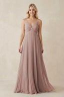Pleated V-Neck A-Line Chiffon Bridesmaid Dress in Toffee | KISSBRIDAL