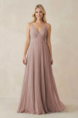 Pleated V-Neck A-Line Chiffon Bridesmaid Dress in Toffee | KISSBRIDAL
