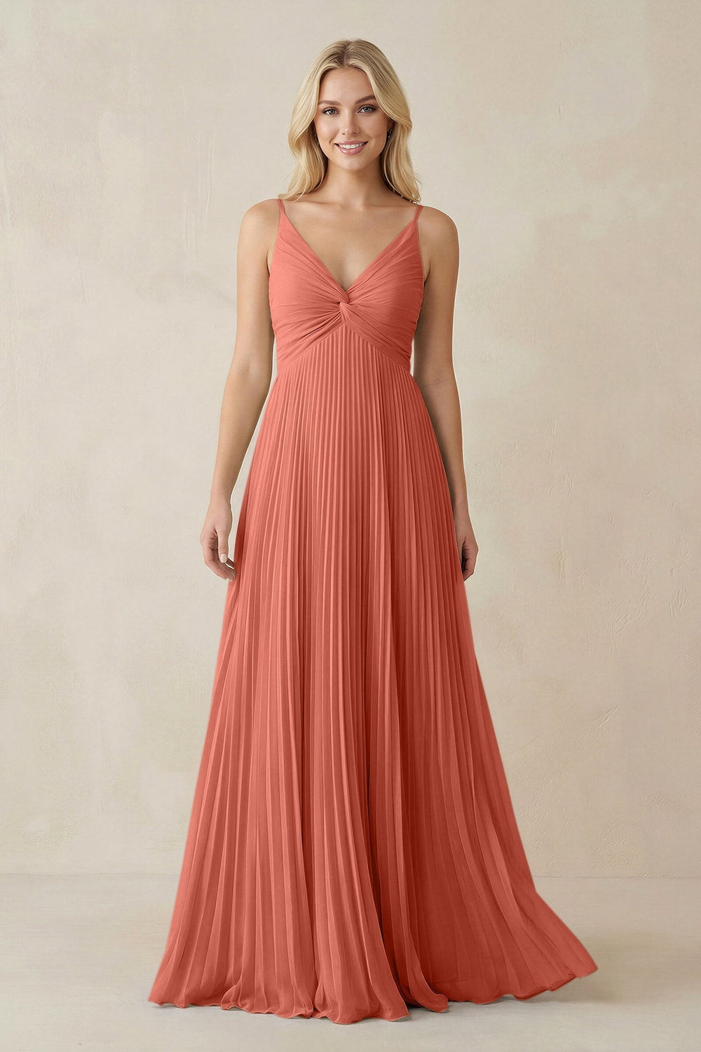 Pleated V - Neck A - Line Chiffon Bridesmaid Dress in Wild Rose - KISS BRIDAL Bridesmaid Dresses