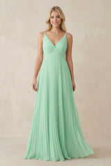 Pleated V-Neck A-Line Chiffon Bridesmaid Dress in Pale Pistachio - KISS BRIDAL BRIDESMAID DRESSES