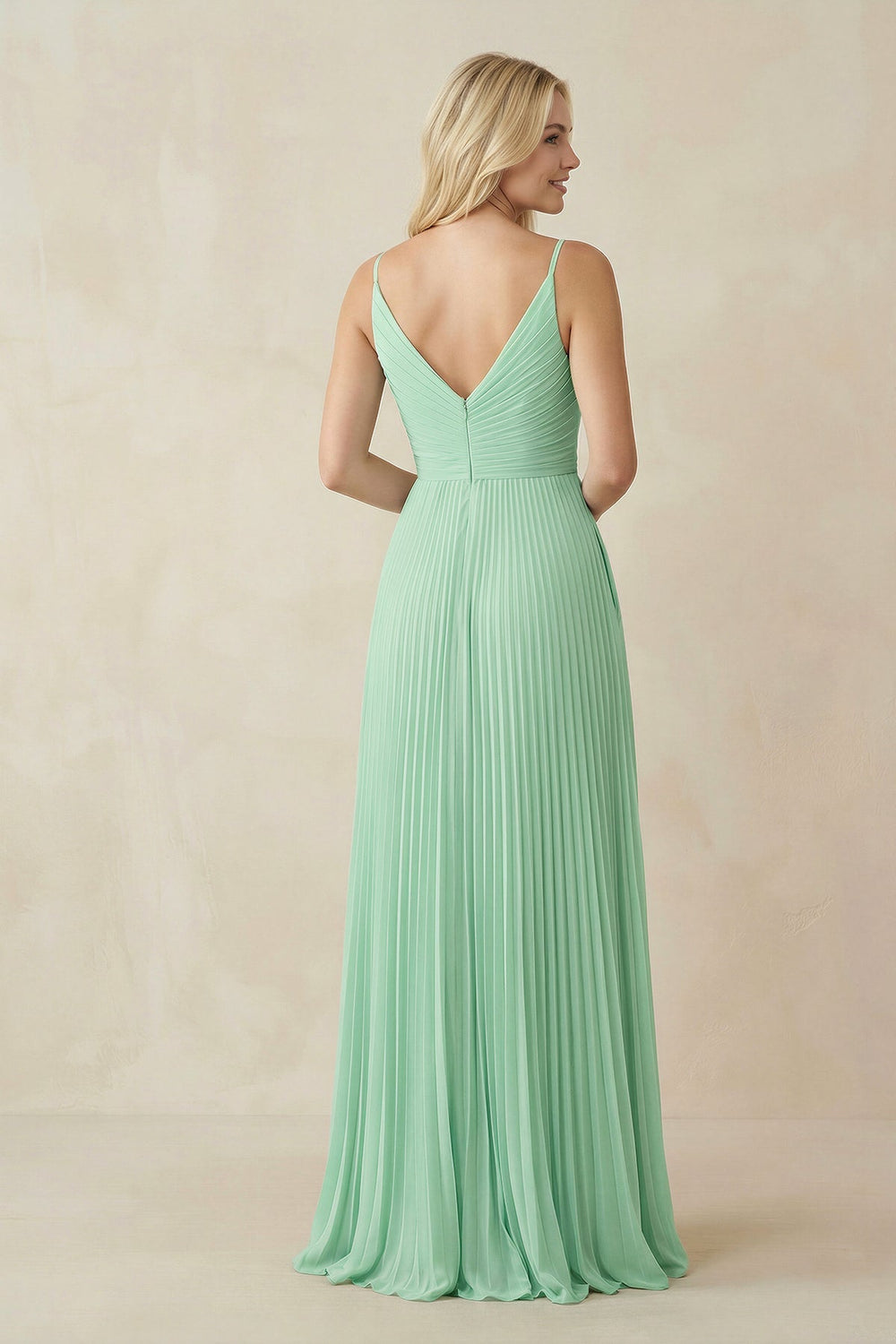 Pleated V-Neck A-Line Chiffon Bridesmaid Dress in Pale Pistachio - SHE IS ME BRIDESMAID DRESSES