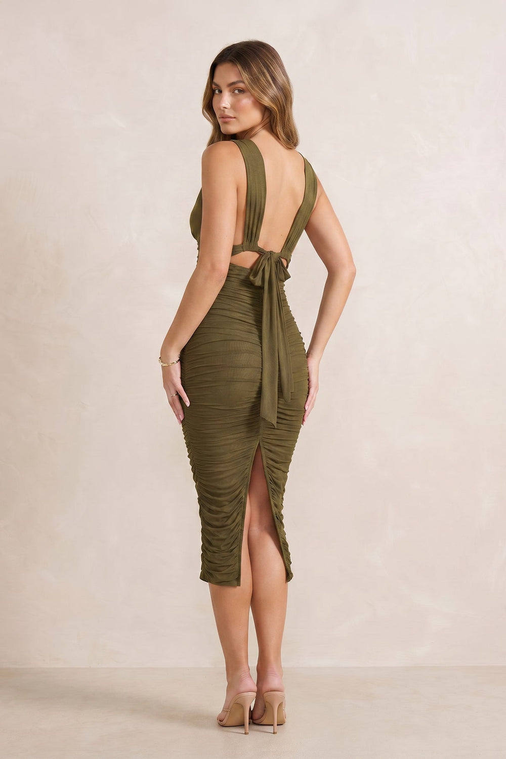 Pleated V-Neck Sheath Midi Dress in Willow Green – KISS BRIDAL Dresses