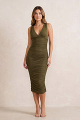 Pleated V-Neck Sheath Midi Dress in Willow Green – KISS BRIDAL
