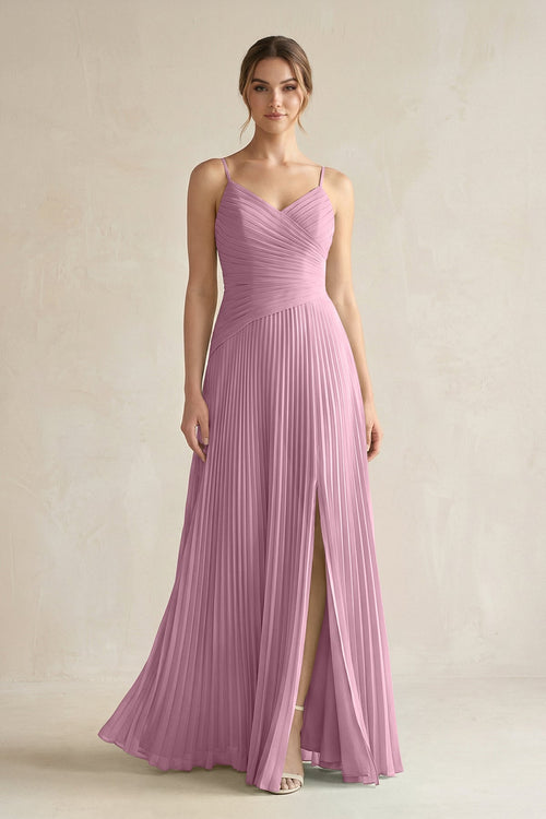 Pleated A-Line Long Chiffon Bridesmaid Dress in Vintage Mauve