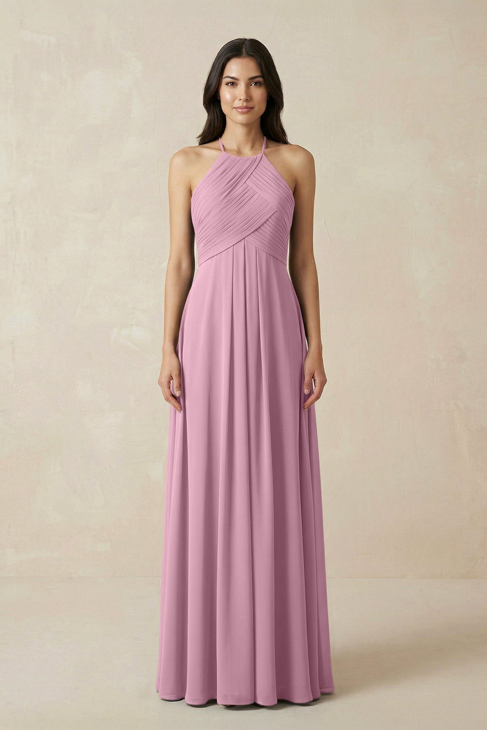 A-Line Halter Neck Pleated Chiffon Bridesmaid Dress in Vintage Mauve - KISS BRIDAL BRIDESMAID DRESSES
