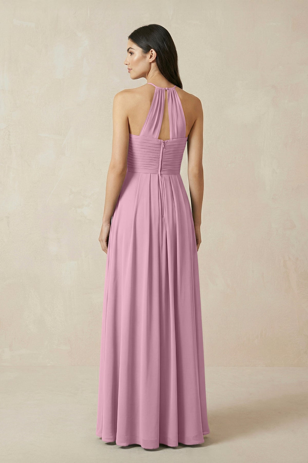 A-Line Halter Neck Pleated Chiffon Bridesmaid Dress in Vintage Mauve - KISS BRIDAL BRIDESMAID DRESSES