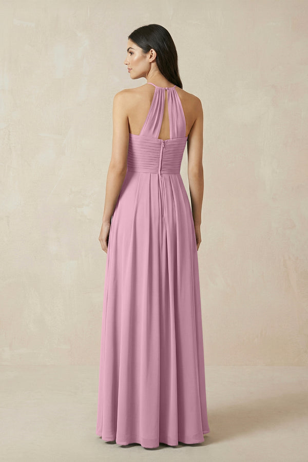 A-Line Halter Neck Pleated Chiffon Bridesmaid Dress in Vintage Mauve - KISS BRIDAL BRIDESMAID DRESSES