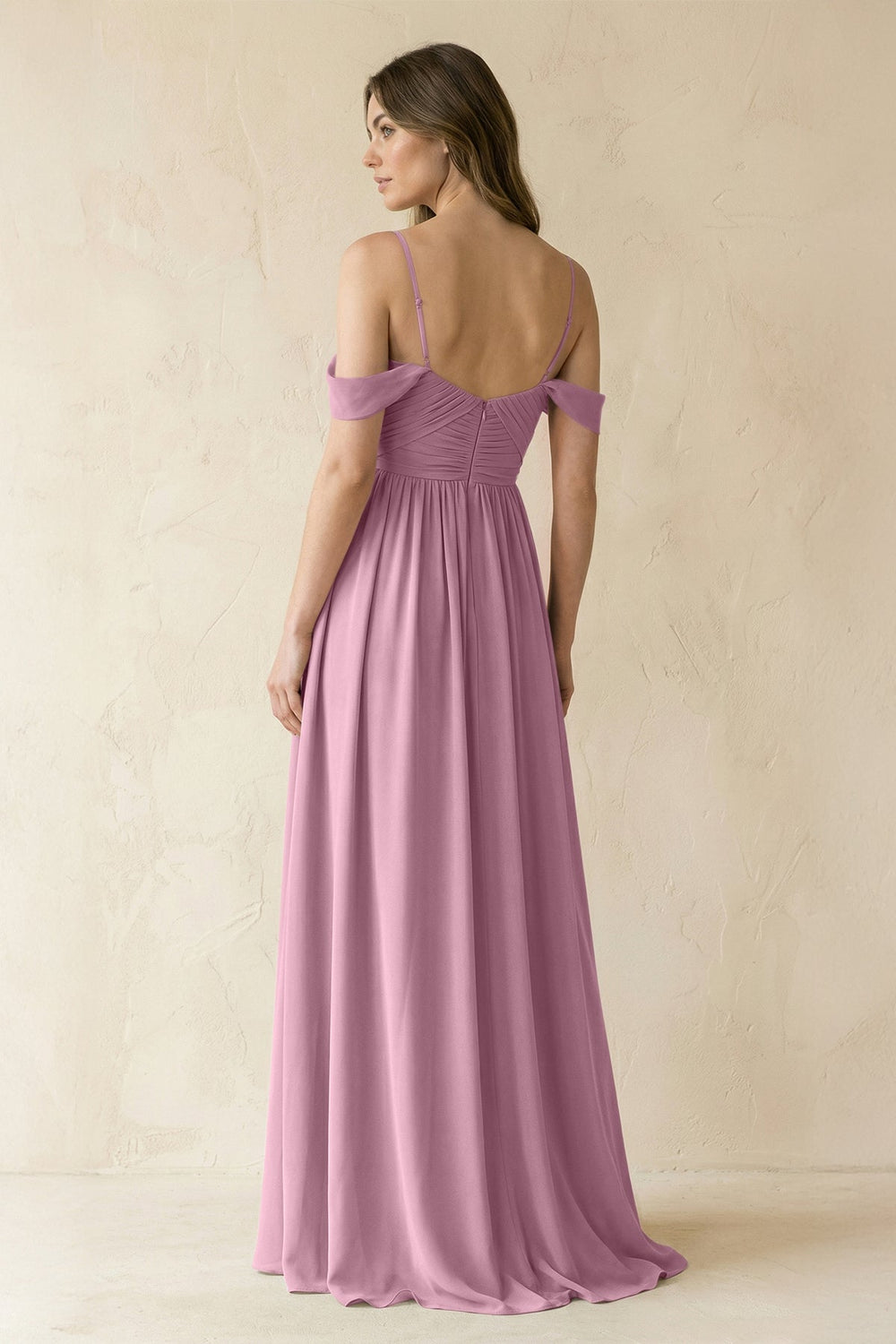 A-Line Off-the-Shoulder Pleated Chiffon Bridesmaid Dress in Vintage Mauve - KISS BRIDAL BRIDESMAID DRESSES
