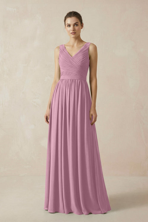 A-Line V-Neck Pleated Chiffon Bridesmaid Dress in Vintage Mauve - SHE IS ME BRIDESMAID DRESSES