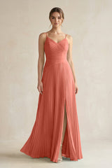 Pleated A-Line Long Chiffon Bridesmaid Dress in Wild Rose