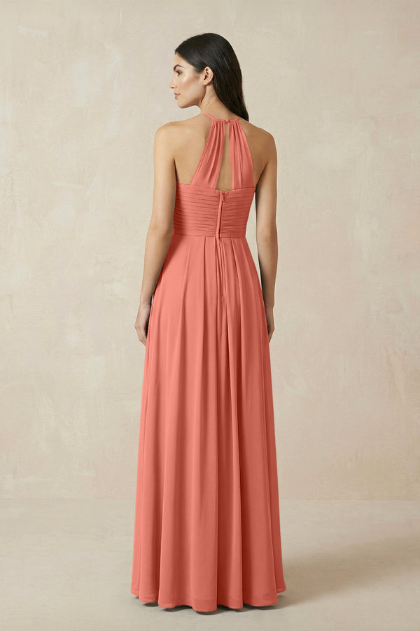 A-Line Halter Neck Pleated Chiffon Bridesmaid Dress in Wild Rose - KISS BRIDAL BRIDESMAID DRESSES