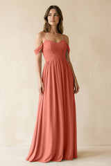 A-Line Off-the-Shoulder Pleated Chiffon Bridesmaid Dress in Wild Rose - KISS BRIDAL BRIDESMAID DRESSES