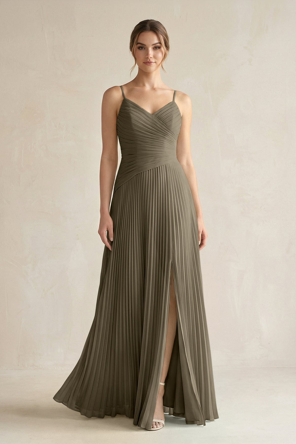 Pleated A-Line Long Chiffon Bridesmaid Dress in Willow Green