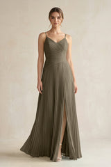 Pleated A-Line Long Chiffon Bridesmaid Dress in Willow Green