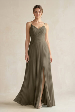 Pleated A-Line Long Chiffon Bridesmaid Dress in Willow Green