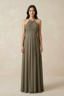 A-Line Halter Neck Pleated Chiffon Bridesmaid Dress in Willow Green - KISS BRIDAL BRIDESMAID DRESSES