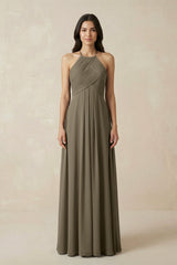 A-Line Halter Neck Pleated Chiffon Bridesmaid Dress in Willow Green - KISS BRIDAL BRIDESMAID DRESSES