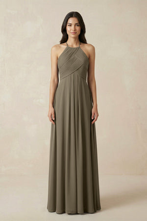 A-Line Halter Neck Pleated Chiffon Bridesmaid Dress in Willow Green - KISS BRIDAL BRIDESMAID DRESSES