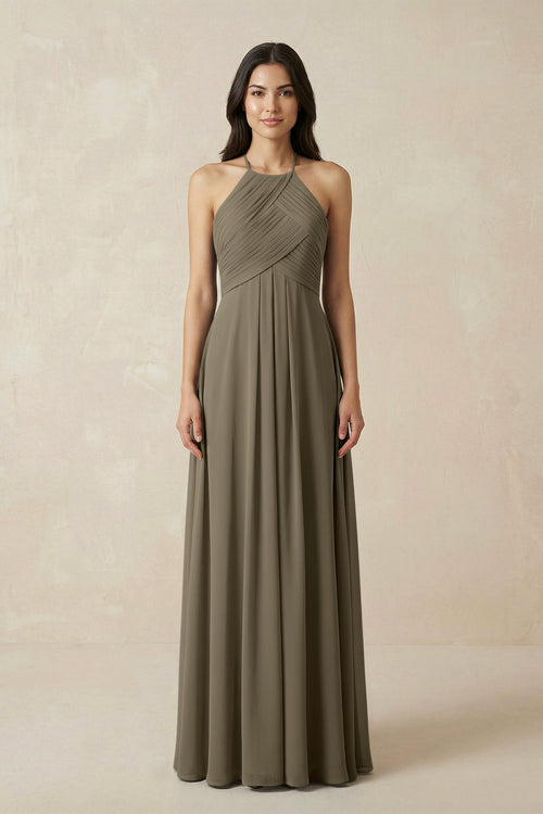 A-Line Halter Neck Pleated Chiffon Bridesmaid Dress in Willow Green - KISS BRIDAL BRIDESMAID DRESSES