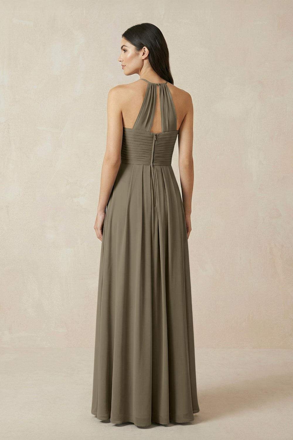 A-Line Halter Neck Pleated Chiffon Bridesmaid Dress in Willow Green - KISS BRIDAL BRIDESMAID DRESSES