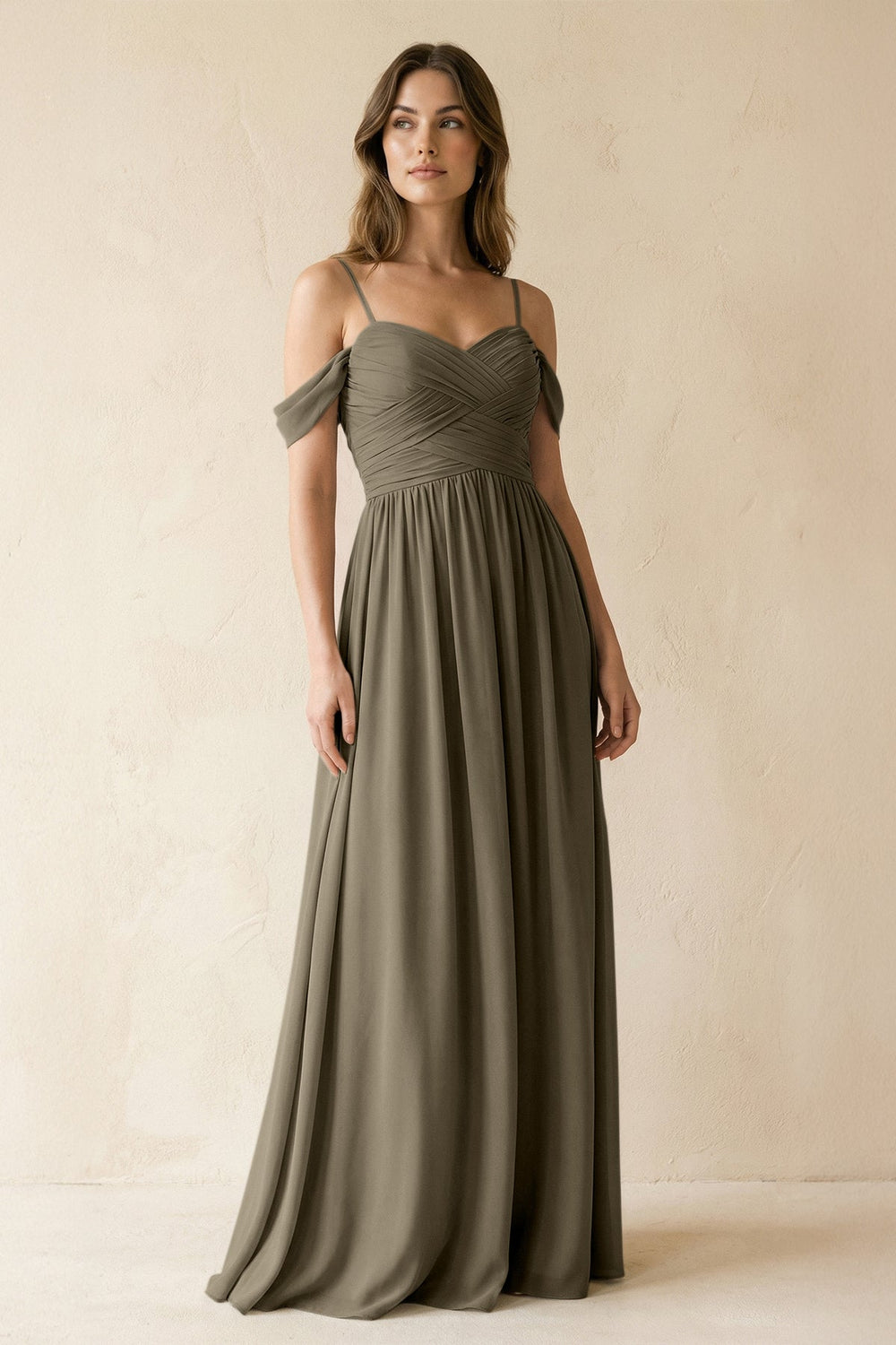 A-Line Off-the-Shoulder Pleated Chiffon Bridesmaid Dress in Willow Green - KISS BRIDAL BRIDESMAID DRESSES