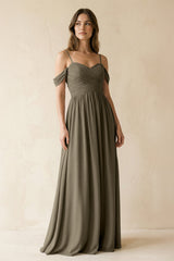 A-Line Off-the-Shoulder Pleated Chiffon Bridesmaid Dress in Willow Green - KISS BRIDAL BRIDESMAID DRESSES