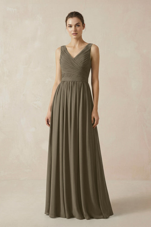 A-Line V-Neck Pleated Chiffon Bridesmaid Dress in Willow Green - SHE IS ME BRIDESMAID DRESSES