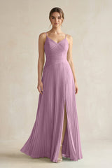 Pleated A-Line Long Chiffon Bridesmaid Dress in Wisteria
