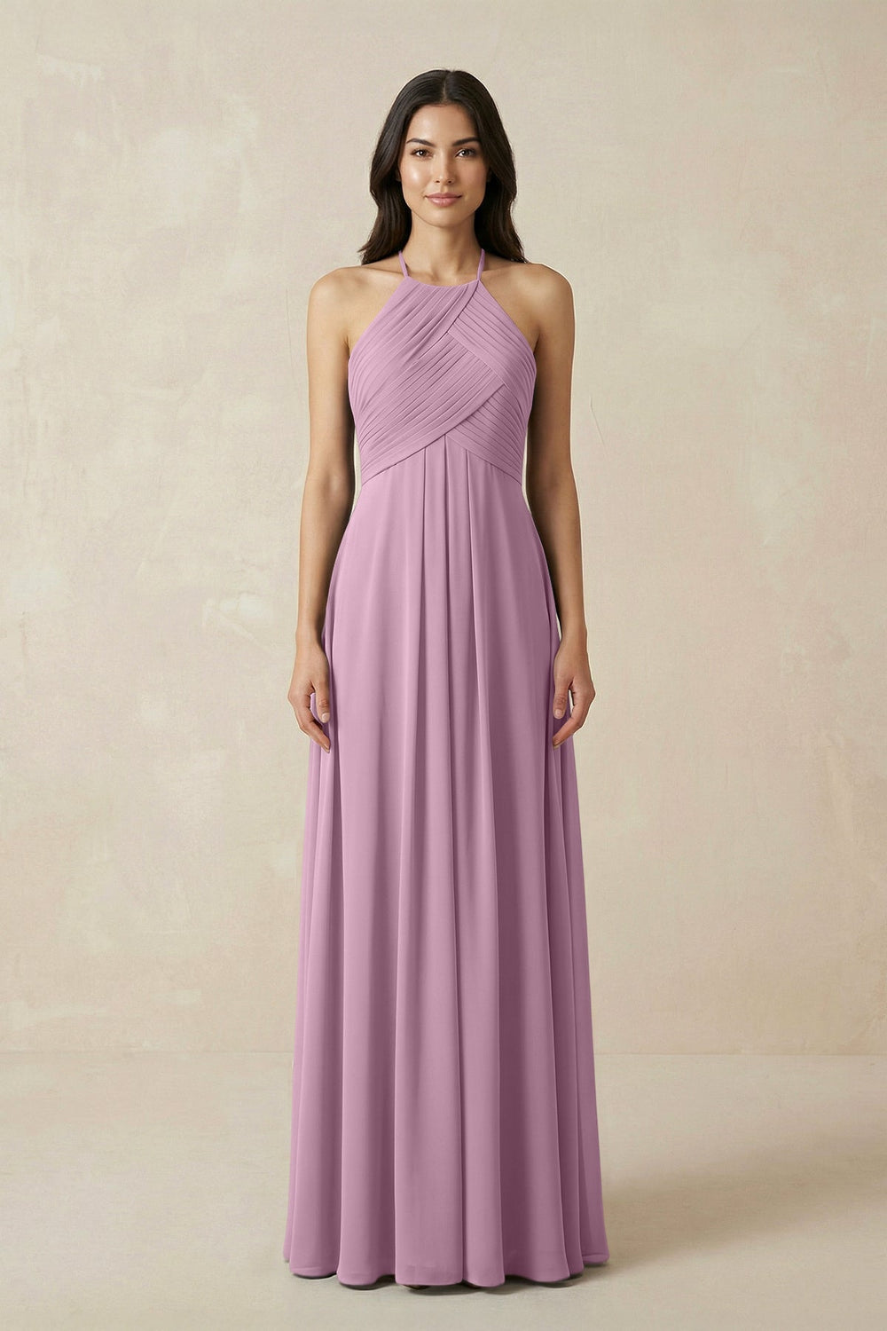A-Line Halter Neck Pleated Chiffon Bridesmaid Dress in Wisteria - KISS BRIDAL BRIDESMAID DRESSES