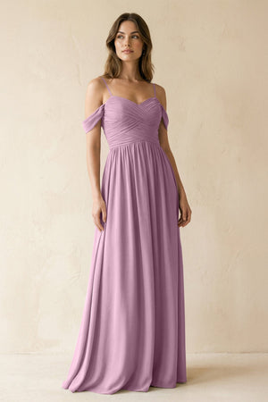 A-Line Off-the-Shoulder Pleated Chiffon Bridesmaid Dress in Wisteria - SHE IS ME BRIDESMAID DRESSES