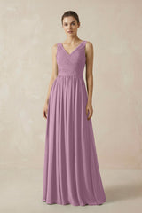 A-Line V-Neck Pleated Chiffon Bridesmaid Dress in Wisteria - KISS BRIDAL BRIDESMAID DRESSES