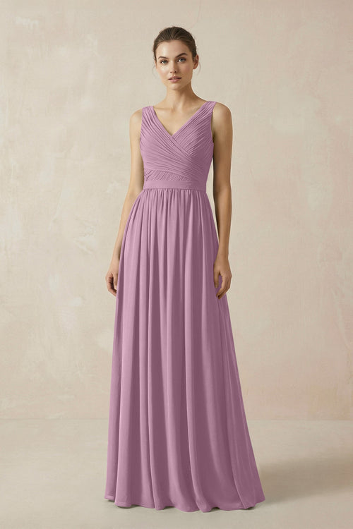 A-Line V-Neck Pleated Chiffon Bridesmaid Dress in Wisteria - SHE IS ME BRIDESMAID DRESSES