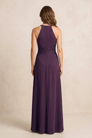 Plum A-Line Chiffon Embroidered Halter Mother of the Bride Dress (2) | KISSBRIDAL