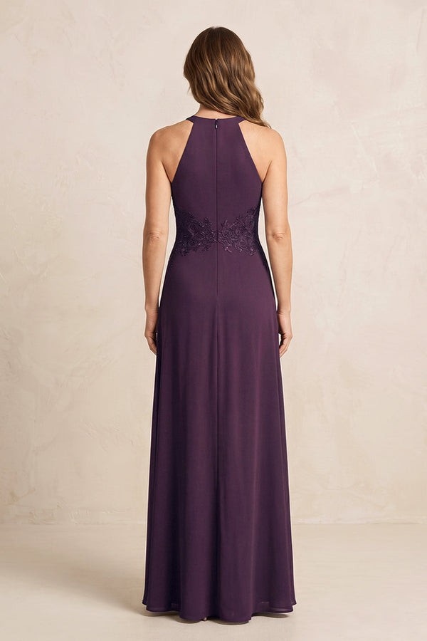 Plum A-Line Chiffon Embroidered Halter Mother of the Bride Dress (2) | KISSBRIDAL