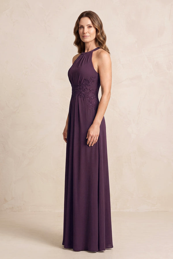 Plum A-Line Chiffon Embroidered Halter Mother of the Bride Dress (3) | KISSBRIDAL